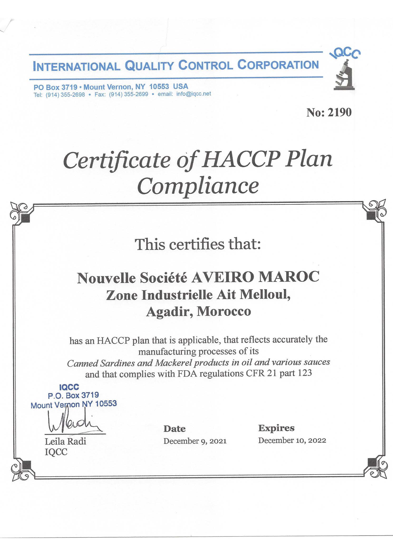 Aveiro 2013 Certificat HACCP